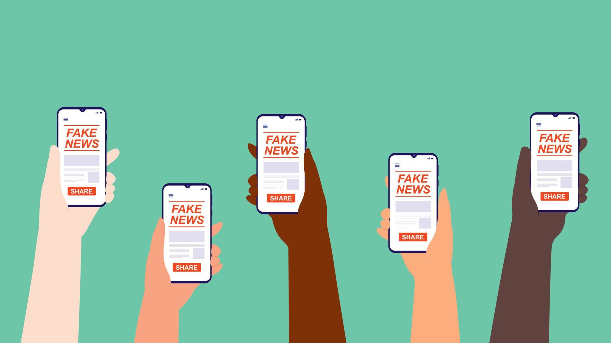 Manos sosteniendo celulares con titulares de fake news listos para compartir