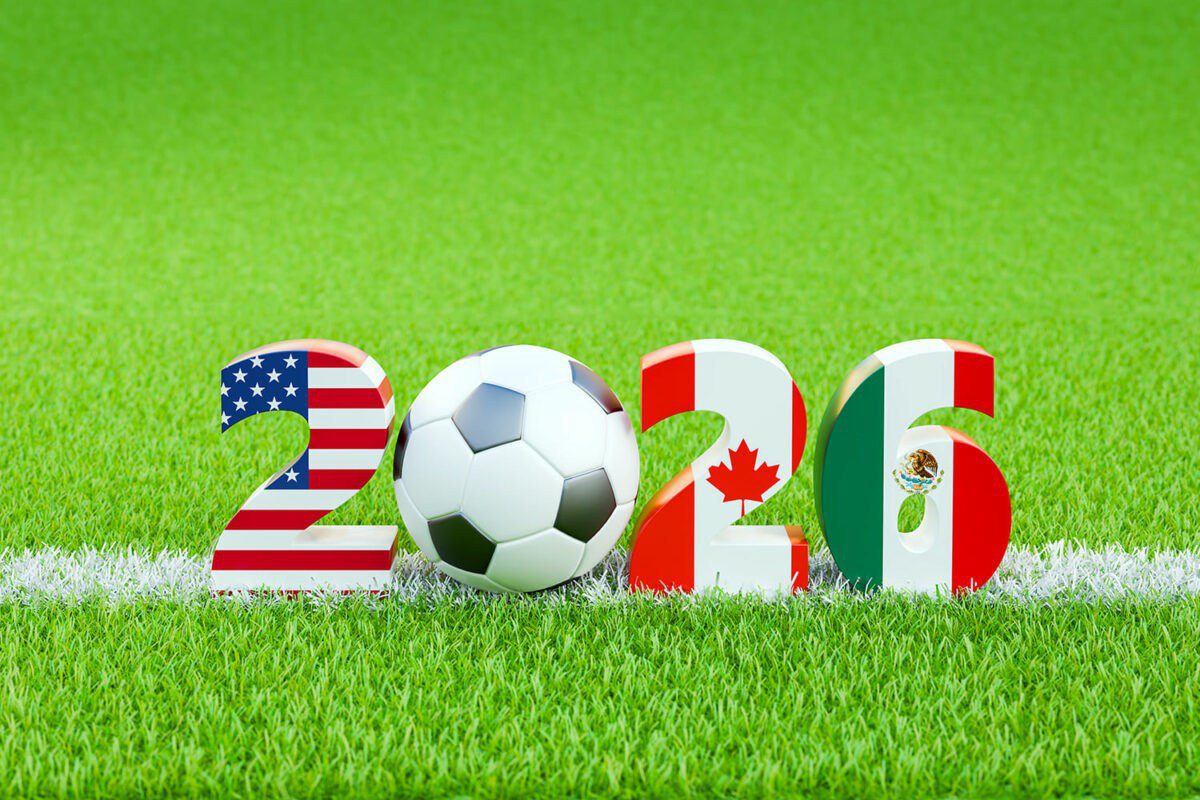 Número 2026 con balón de fútbol y banderas de Estados Unidos, Canadá y México