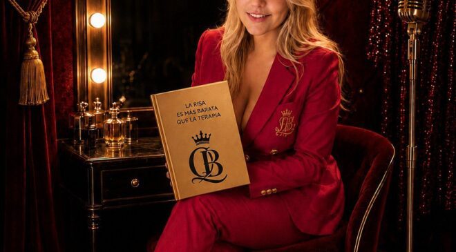 Queen Benedetto, comediante latina, posando con su libro La risa es más barata que la terapia